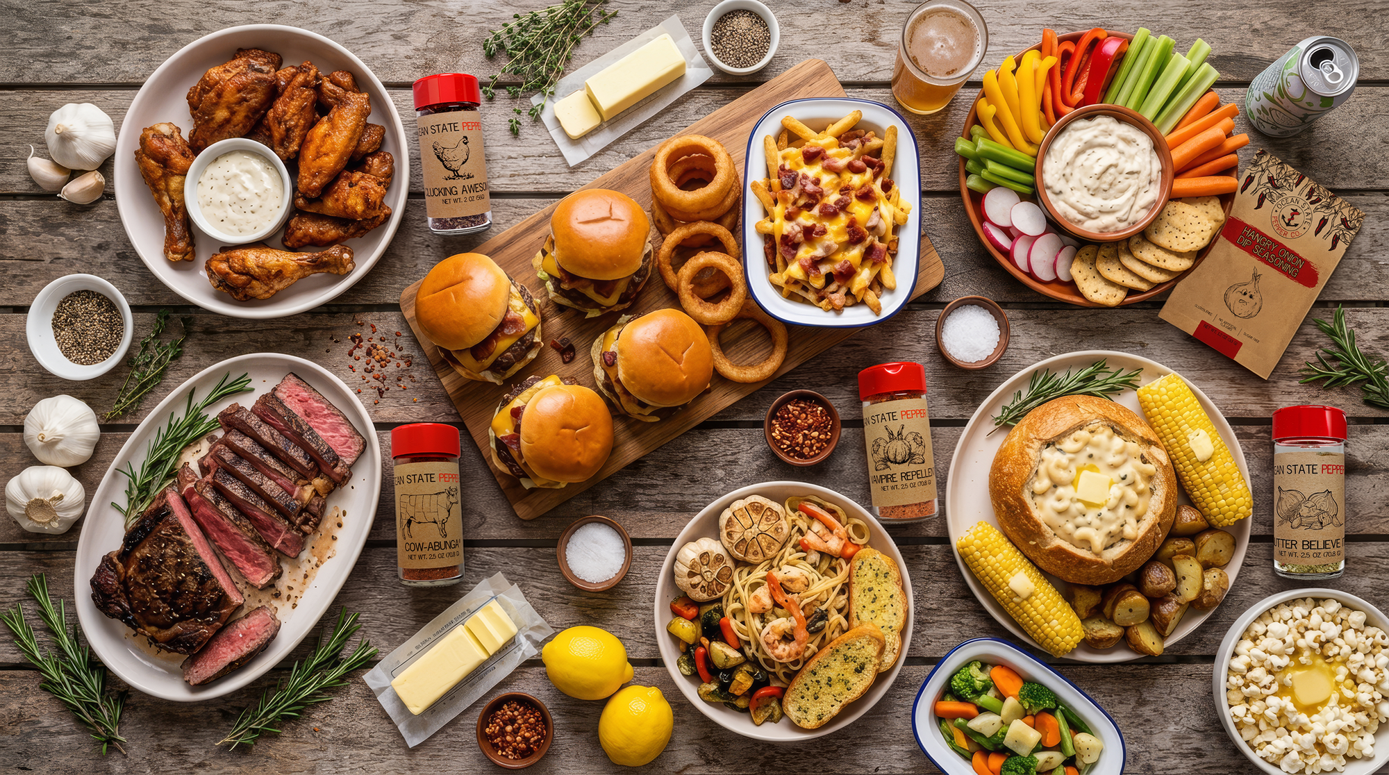 Assorted food items including burgers, steaks, vegetables, and condiments on a wooden table.