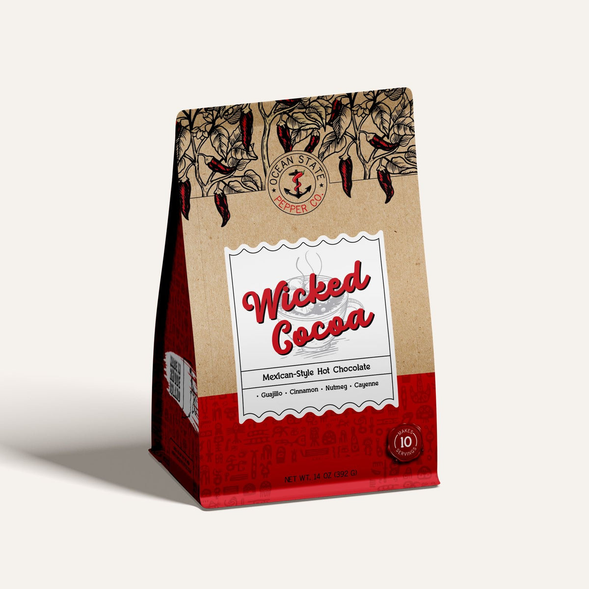 Bag of Wicked Cocoa hot chocolate with a red and brown design on a white background