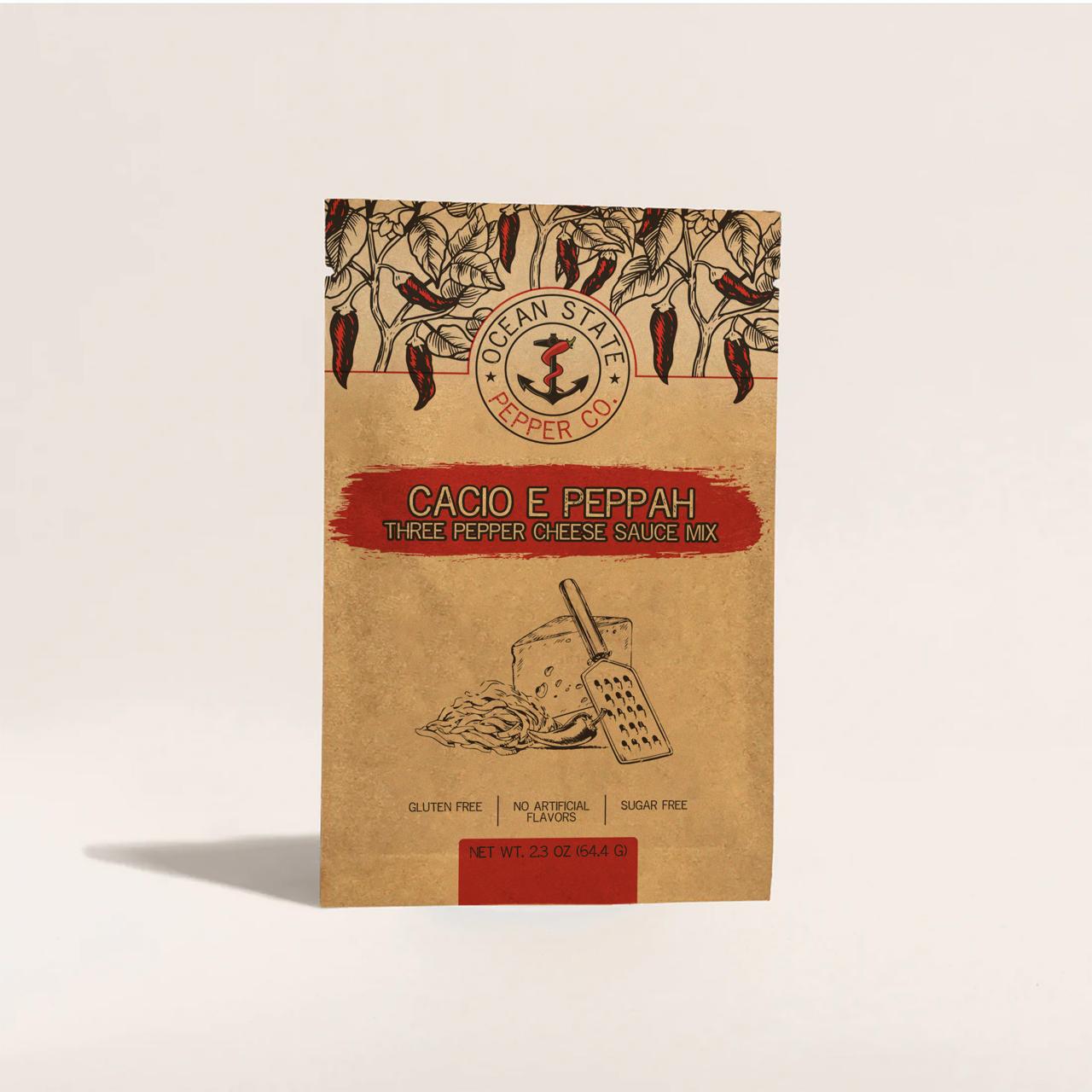 Kraft paper packaging of Cacio E Peppah sauce mix with illustrations on a beige background