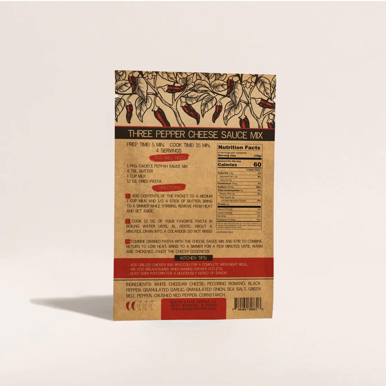 Three Pepper Cheese Sauce Mix packaging with label on a beige background