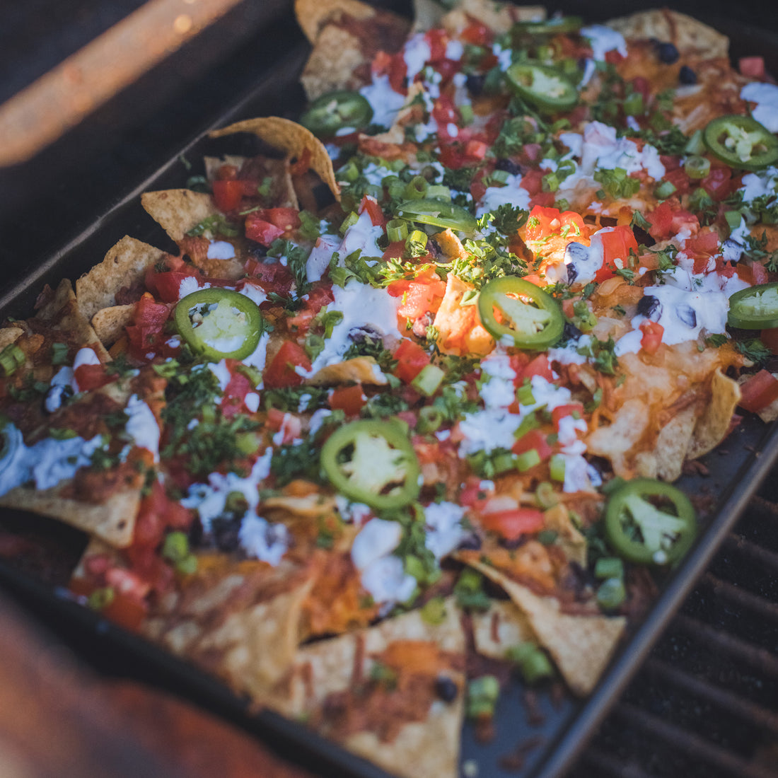 Sheet pan of grilled nachos